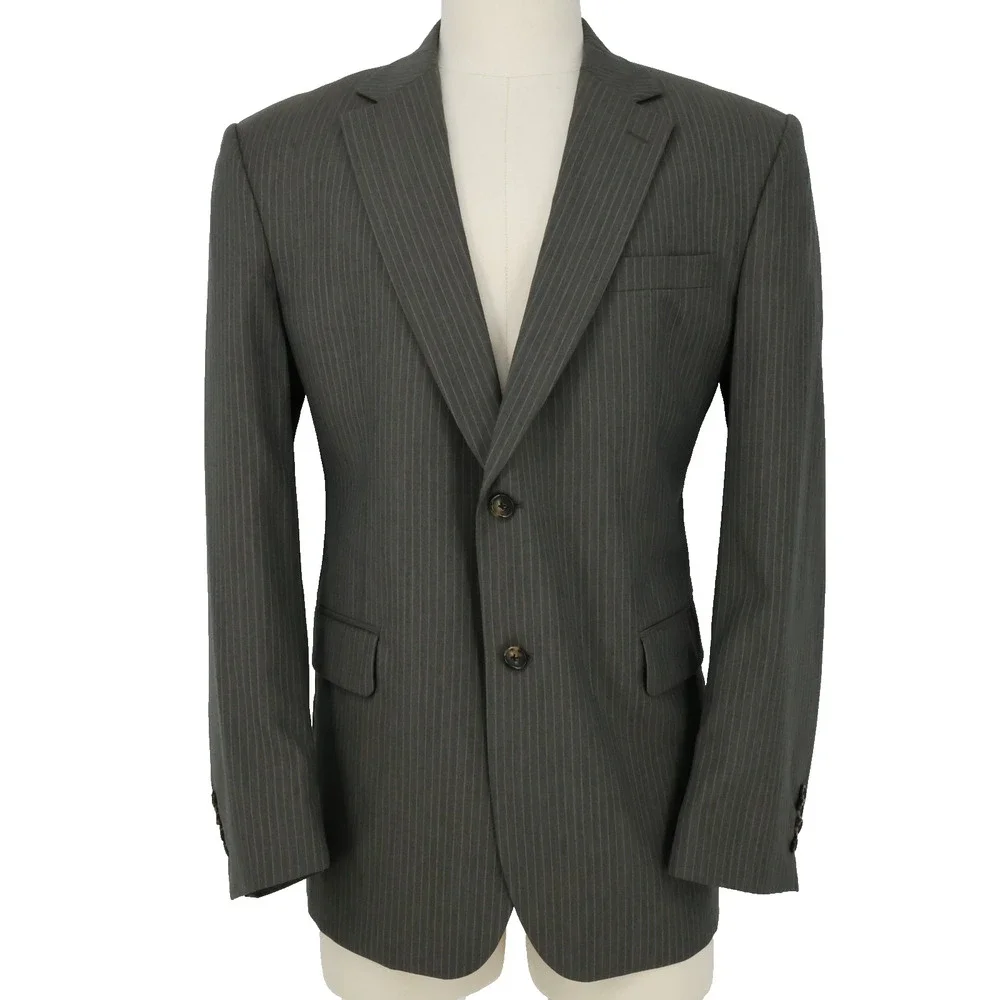Jos A Bank Suit Mens 43R Gray Pinstripe Wool Pleated Cuffed Pants Single Vent